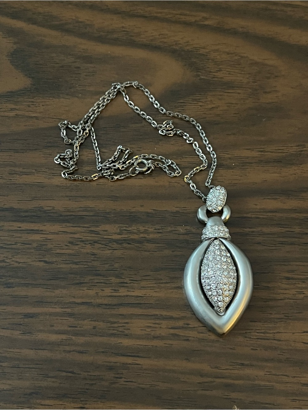 Large Modernist Silver Rhinestone Oval Pendant Necklace on Long Chain